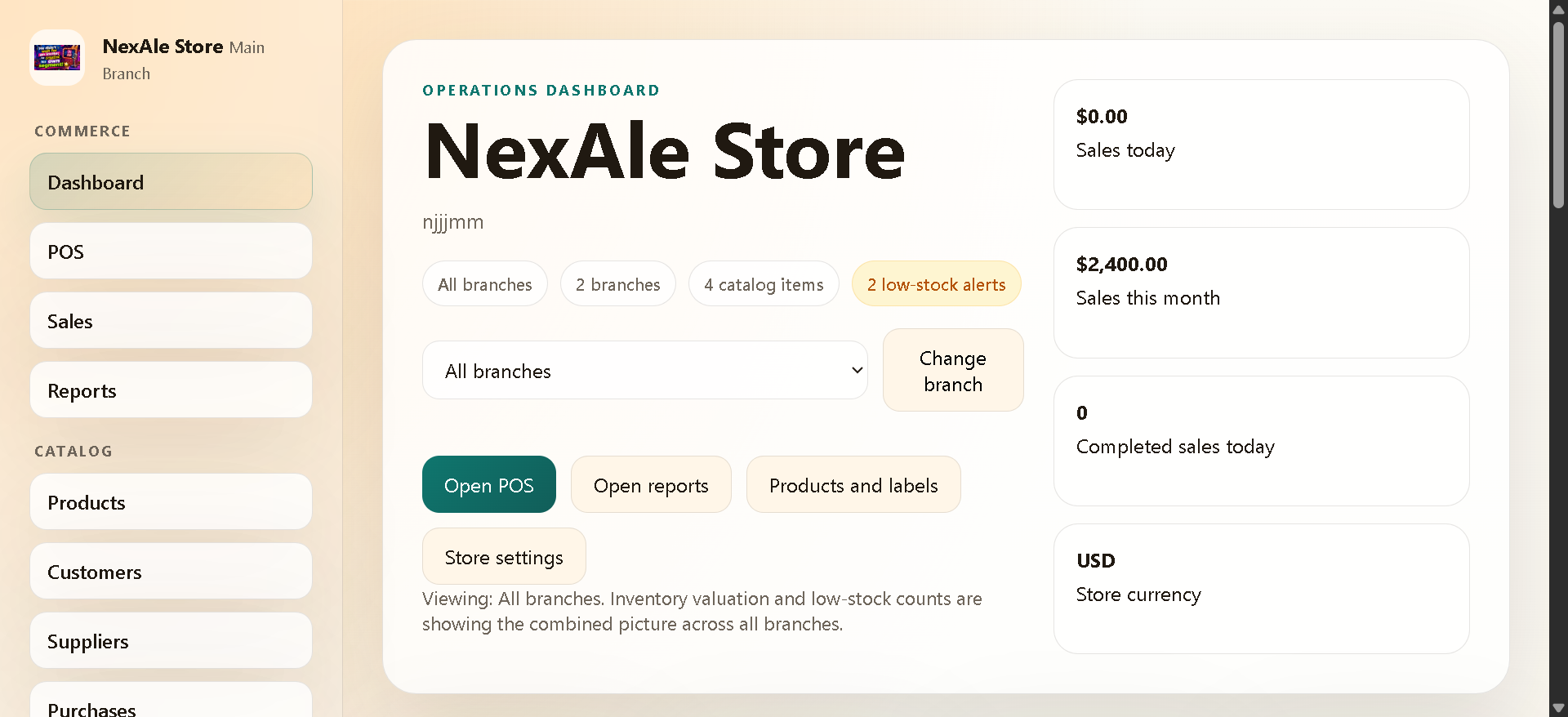 NexAlePOS operations dashboard screenshot