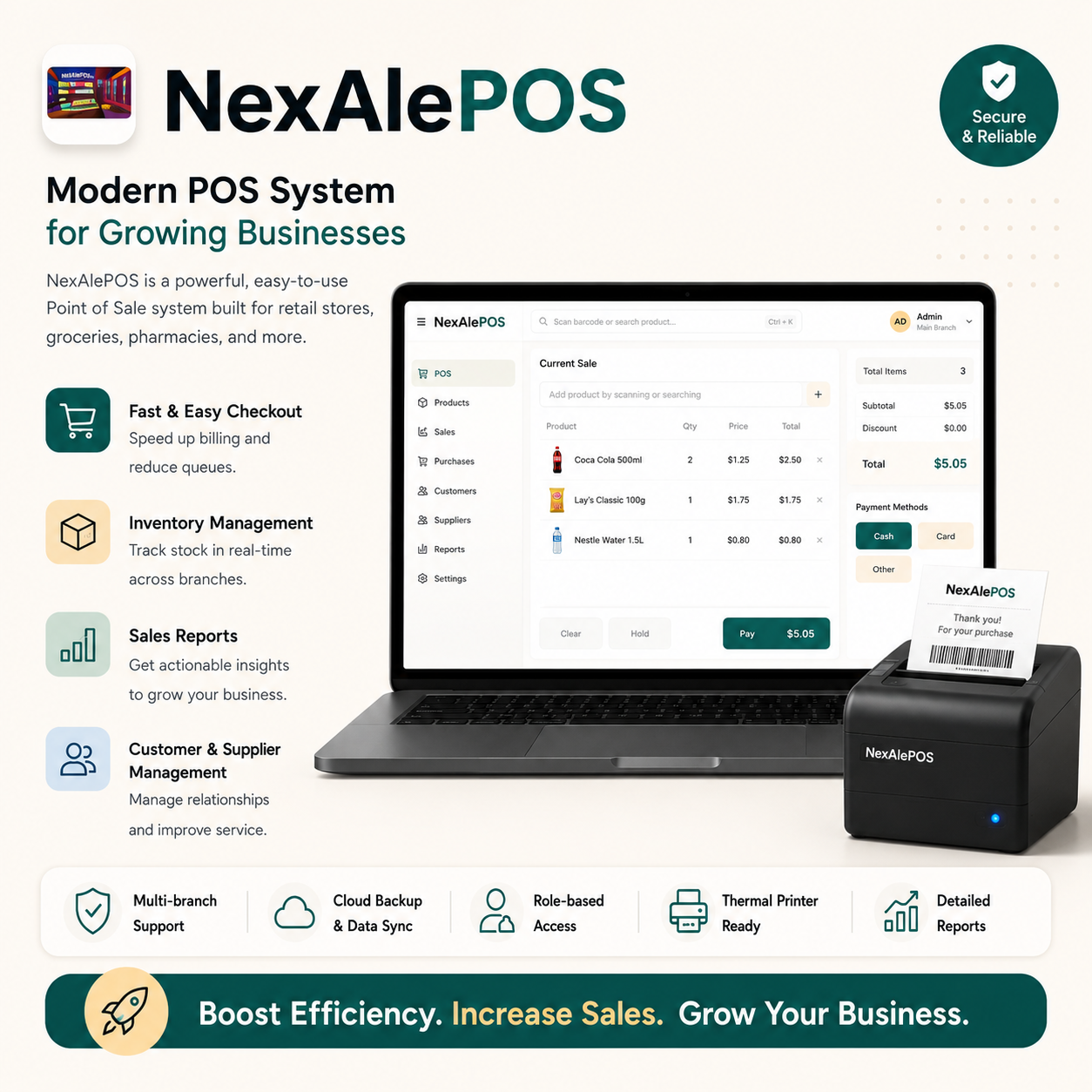 NexAlePOS checkout and receipt software mockup